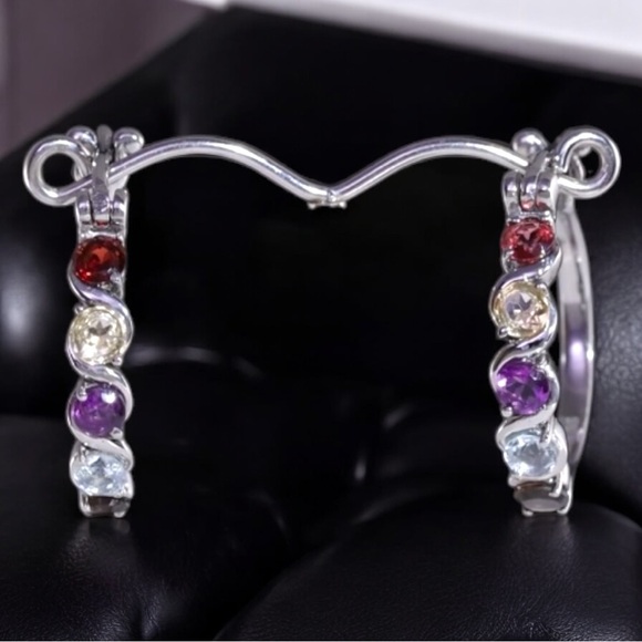 Multi Gemstone 2.60ctw Hoop Silver Earrings in Stainless Steel - Picture 5 of 8